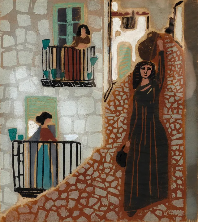GUNNEL FRIEBERG (1919-2010), Gata i Ibiza, signerad och daterad i blyerts 52, eget tryck 8/35, färgträsnitt.