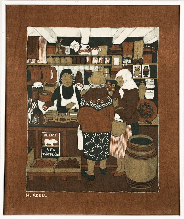 HARRIET ÅDELL. Batik på duk, Motiv från mataffär, Signerad.