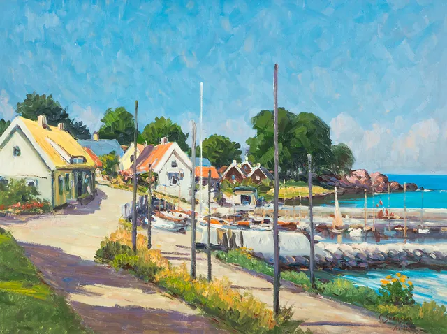 GÖTE SVENSSON. Arilds hamn, olja på duk,signerad G. Svensson Arild.