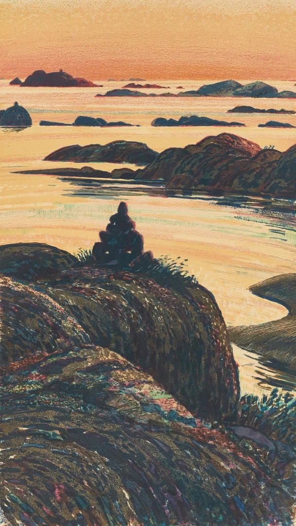 ROLAND SVENSSON (1910-2003). "Sommarnatt i storskärgår'n" ("Vårkväll Stora Nassa"), signerad och numrerad roland S. 293/360, färglitografi. — Engravings & Prints — Crafoord Auktioner Stockholm