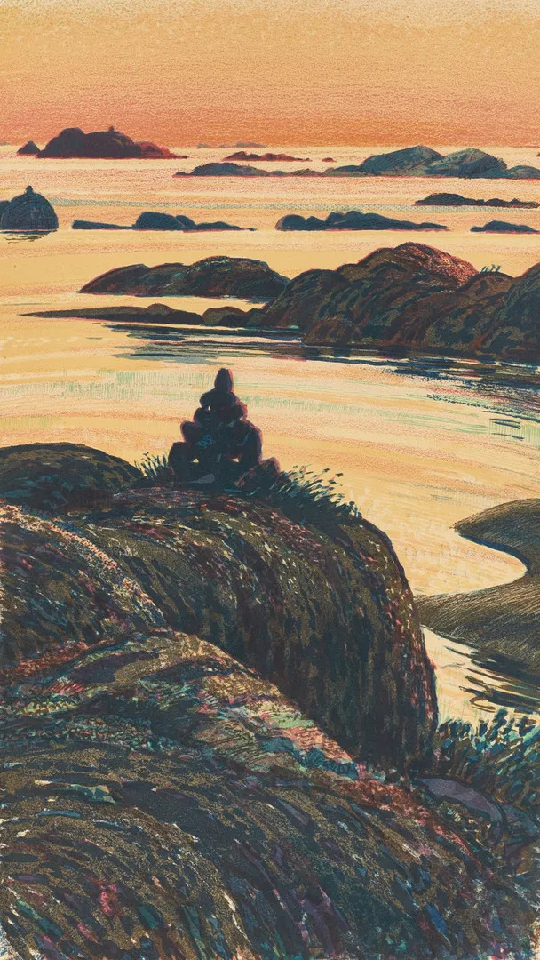ROLAND SVENSSON (1910-2003). "Sommarnatt i storskärgår'n" ("Vårkväll Stora Nassa"), signerad och numrerad roland S. 293/360, färglitografi.