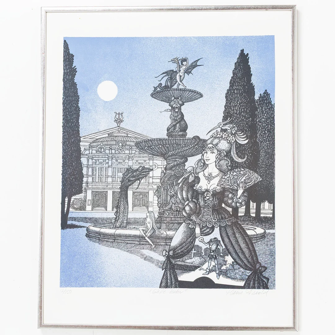 HANS ARNOLD. "Teaterspöke", färglitografi, numrerad och signerad, 12/150. — Engravings & Prints — Handelslagret Auktionsservice