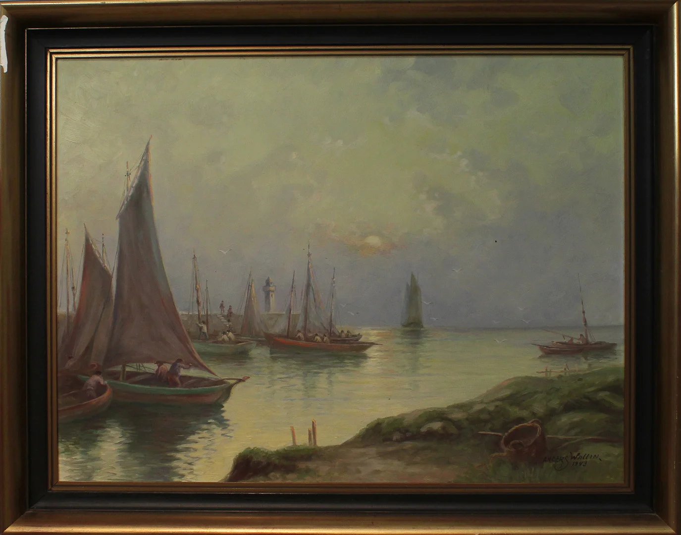 ANDERS WALLIN. PARTI TAVLOR (3). Landskap och fiskarporträtt. Oljor på pannå och pannå. Signerade och daterade. — Paintings — Garpenhus Auktioner