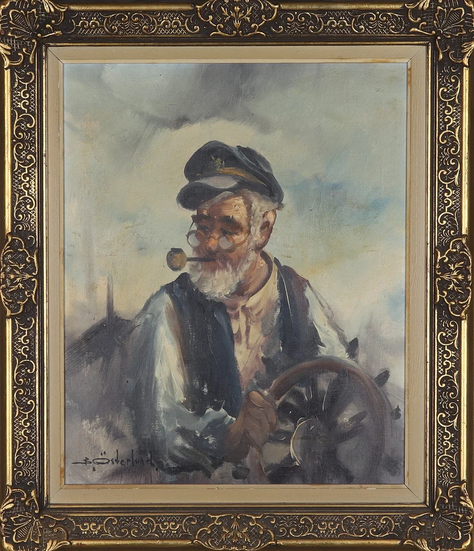 BERT ÖSTERLUND. Olja på duk, porträtt, sjöman med pipa, signerad. — Paintings — Gomér & Andersson Norrköping