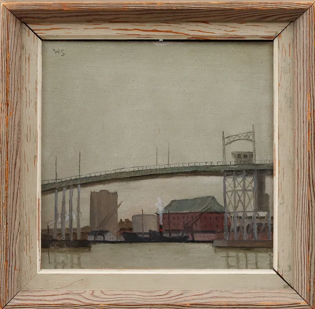 WILGOT SVENSSON. "Nya Hisingsbron" 2 maj 1954", olja på pannå, monogramsignerad.