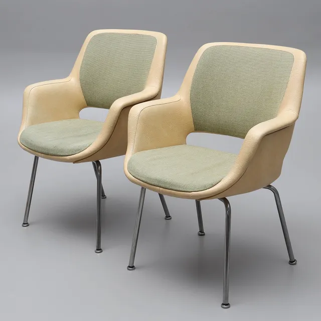 OLLI MANNERMAA. Stolar, 2 st, galon samt textil klädsel, kromat underrede, "Super-Kilta", Finnart, Finland.