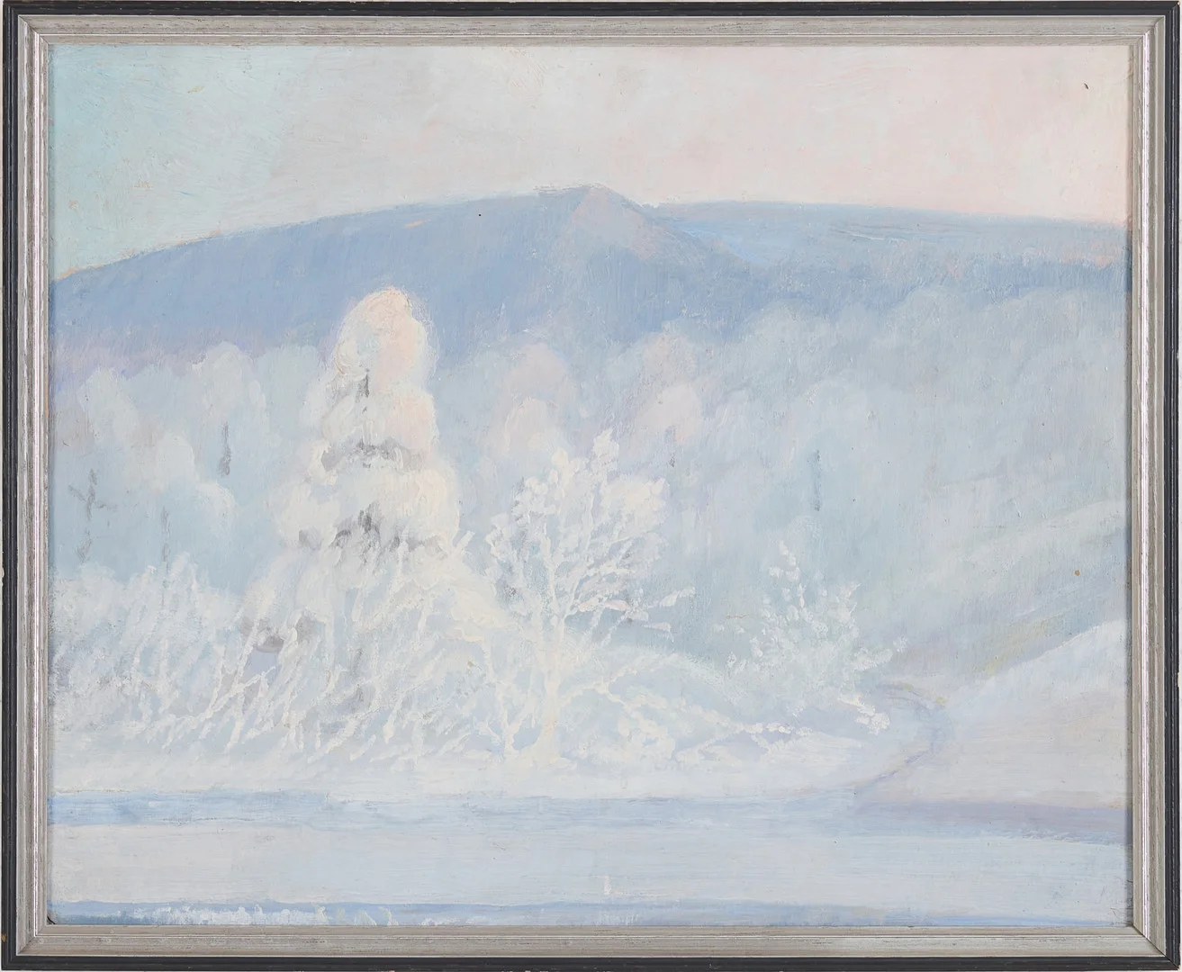 OLOF WALFRID NILSSON (1868-1956). vinterlandskap, olja på pannå, otydligt signerad samt med dedikation a tergo. — Paintings — Stockholms Auktionsverk Magasin 5