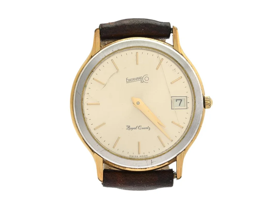 EBERHARD & CO, Evening II, Boett nr. 75002, unisex, 30 mm, bicolour, quartz, mineralglas (skadat), datum, läderband, ca 1990. — Klockor/Eberhard & Co — Kaplans