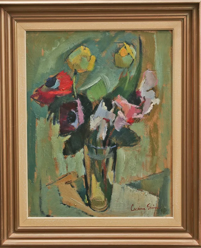 CARSTEN STRÖM. Olja på pannå, blomsterstilleben, signerad.