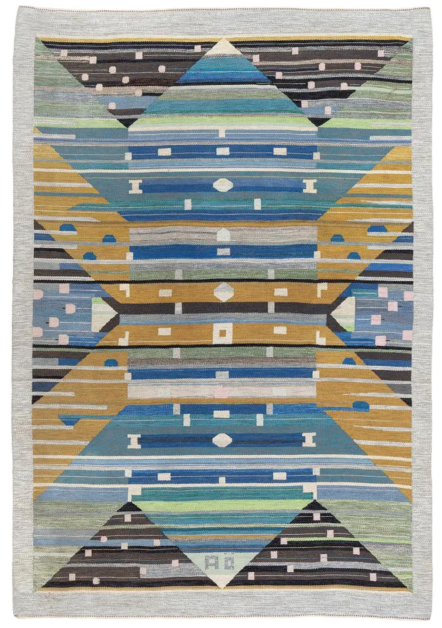 Agda Österberg, matta, "Matta 232" eller variant av den, rölakan och gobelängteknik, ca 352 x 240 cm, signerad AÖ.