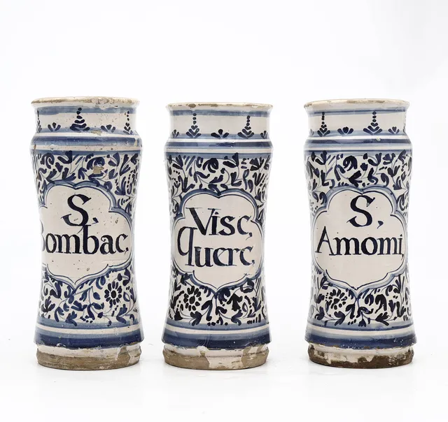 Three Catalan pharmacy jars in "French influence" earthenware, second half 18th Century.