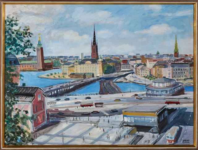 HANS ERIK ERIKSSON (1921-1997). Stockholmsmotiv med utblick mot Stockholms Stadshus och Riddarholmen, olja på duk, signerad.