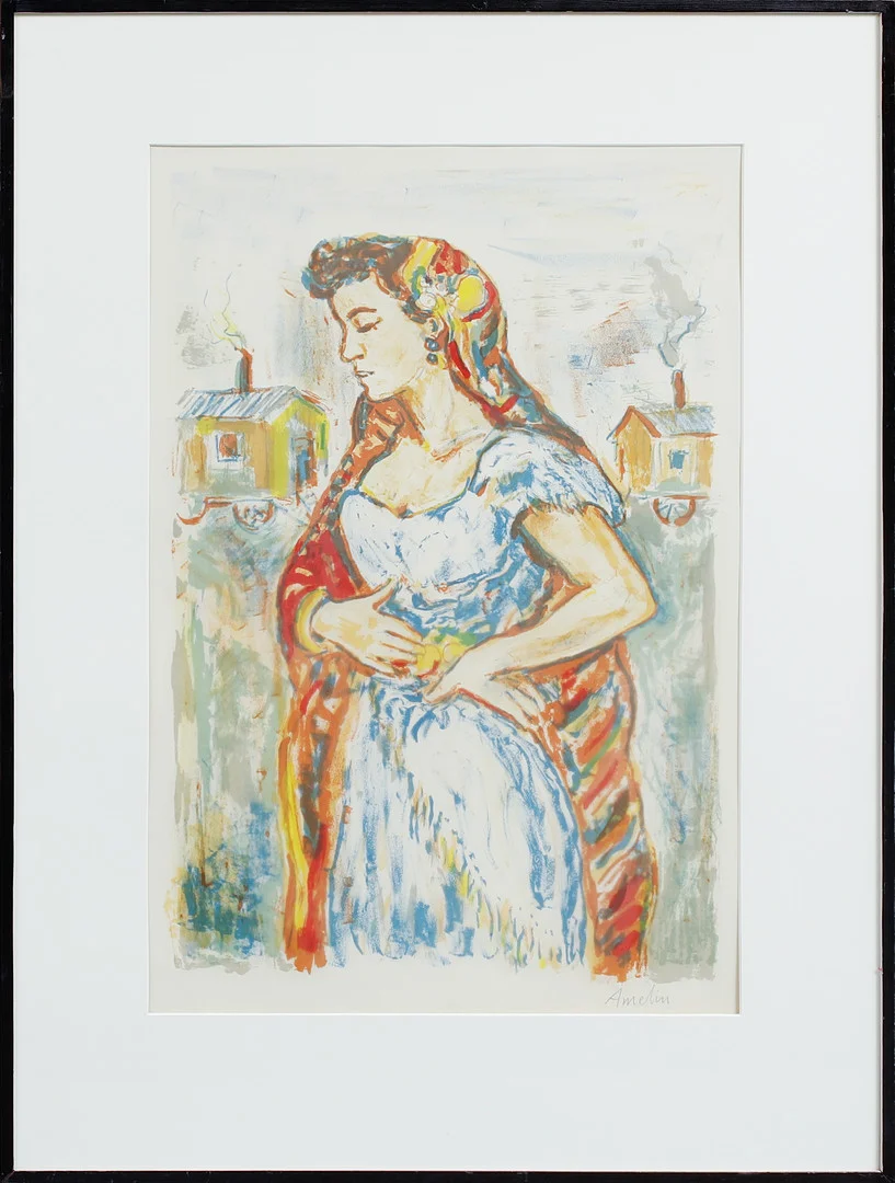 ALBIN AMELIN. Kvinnofigur, färglitografi, signerad. — Engravings & Prints — Göteborgs Auktionsverk