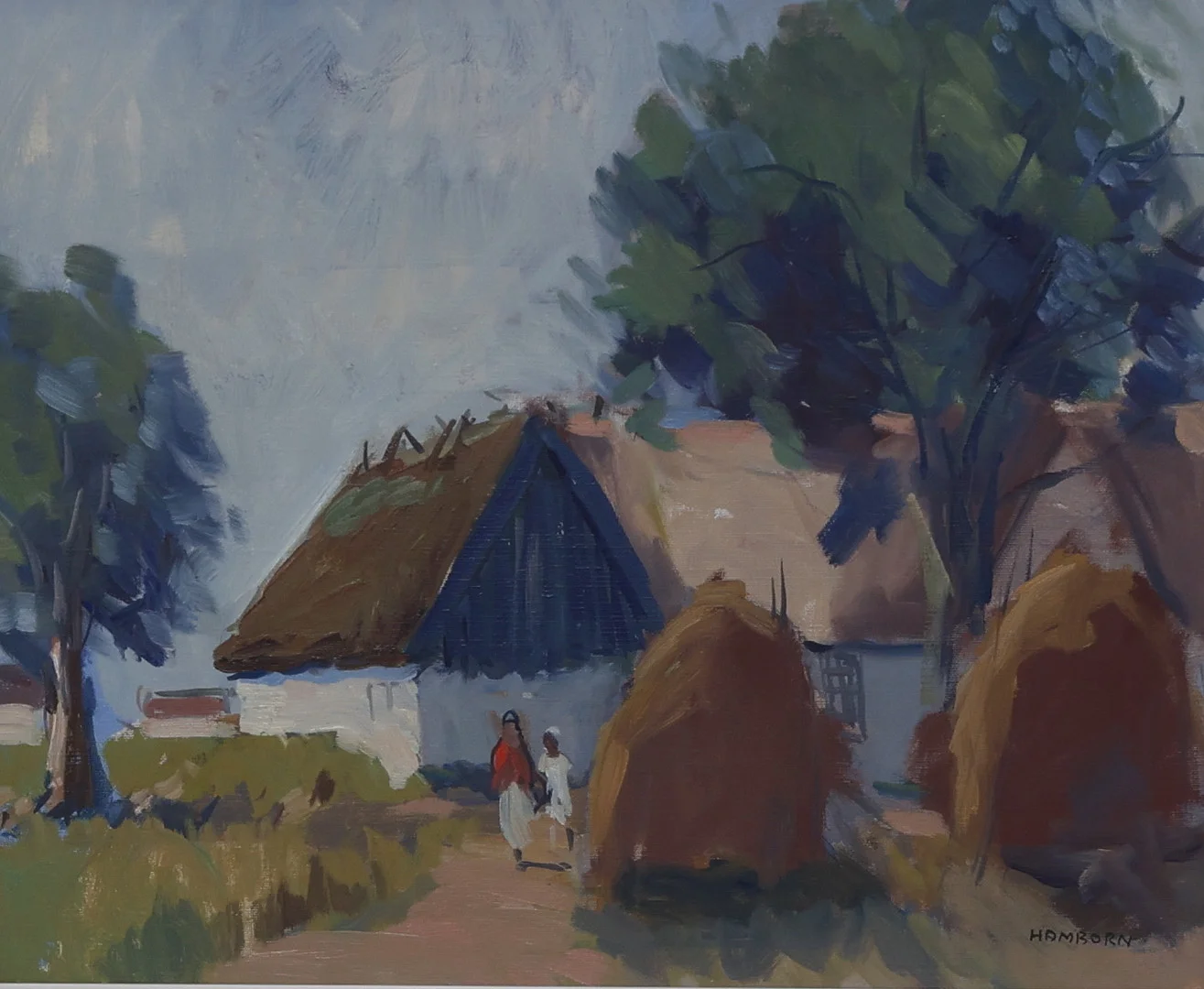 AXEL HAMBORN. Olja på duk, "Bondgård med halmstackar", signerad. — Paintings — Gomér & Andersson Nyköping