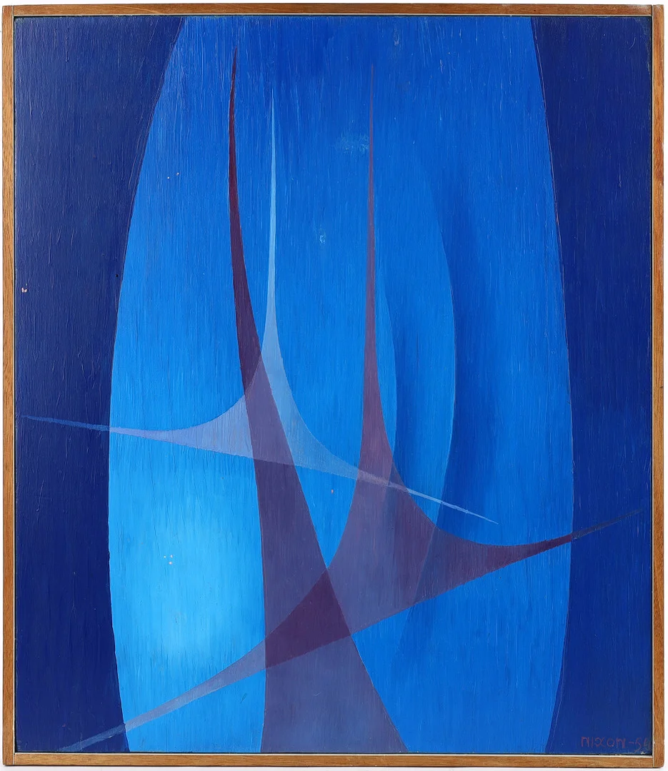NILS NIXON. "Sonat", komposition i blått, olja på pannå, signerad och daterad -54. — Paintings — Auktionshuset Kolonn