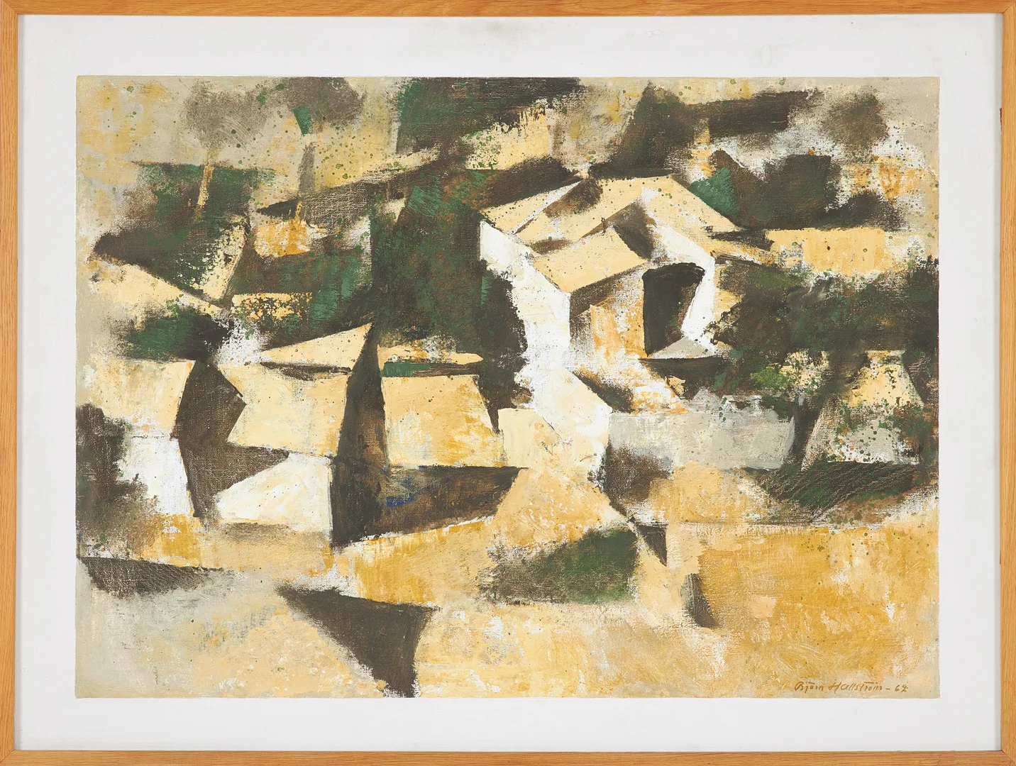 BJÖRN HALLSTRÖM. Komposition, olja på duk, monterad på vitmålad pannå, signerad och daterad 1962. — Paintings — Stockholms Auktionsverk Sickla