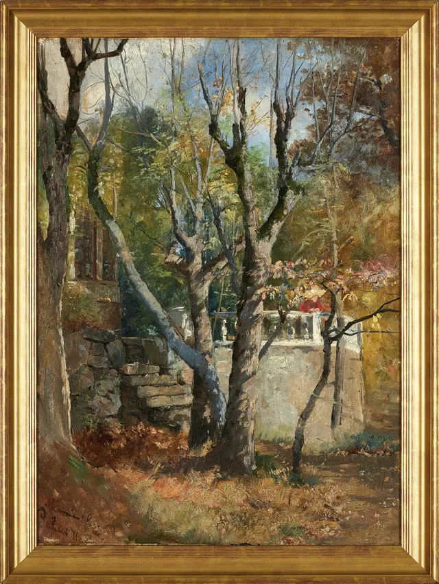 ELISABETH WARLING (Sverige, Stockholm 1858-1915), Höststämning i trädgården, signerad med dedikation A monsieur O., olja på duk ställd på pannå.