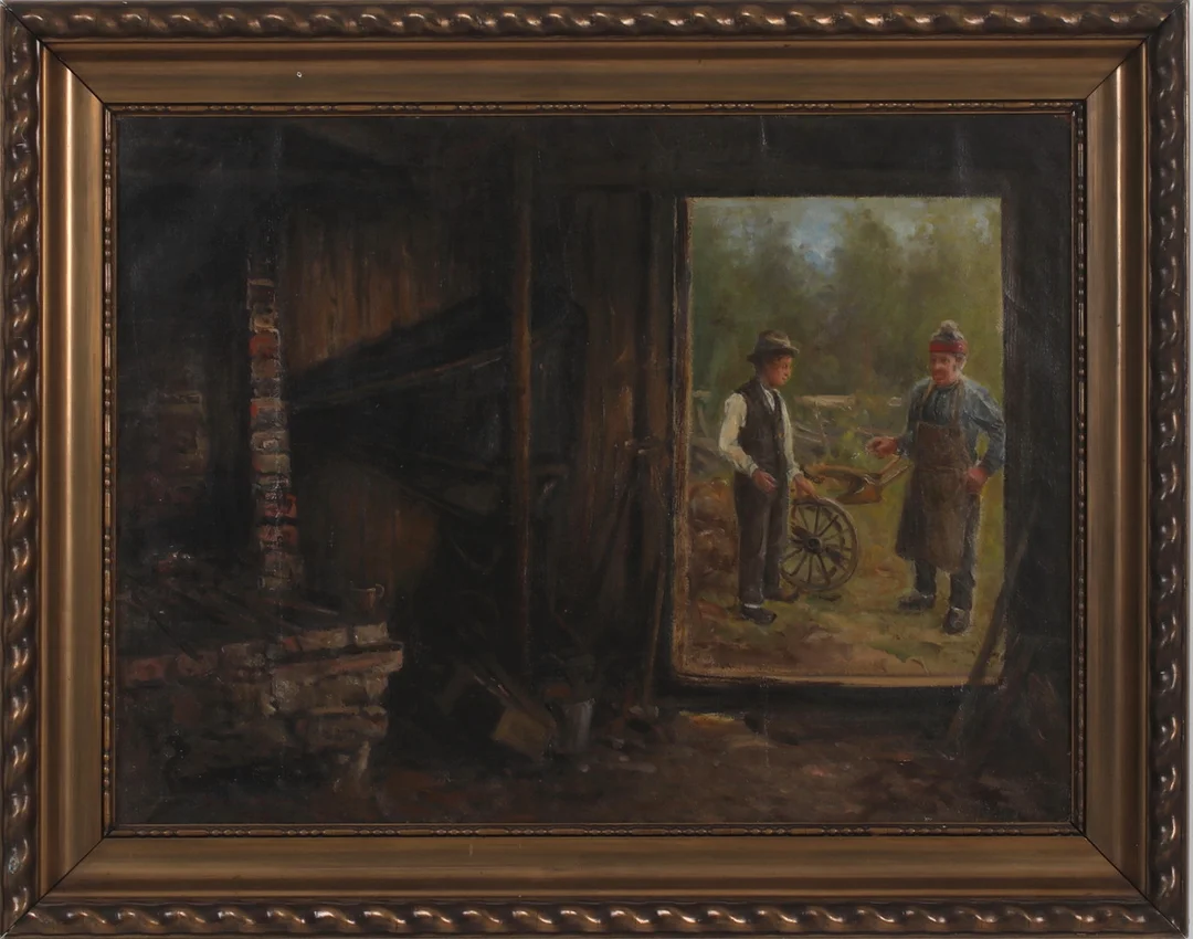 SEVERIN NILSSON. "Samtal vid smedjan", olja på duk, signerad. — Paintings — Stadsauktion Sundsvall