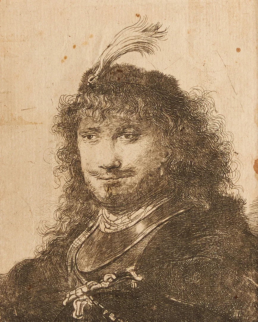 REMBRANDT VAN RIJN. kopia efter. "Självporträtt med plymerad basker", 1700-tal. — Engravings & Prints — Crafoord Auktioner Stockholm