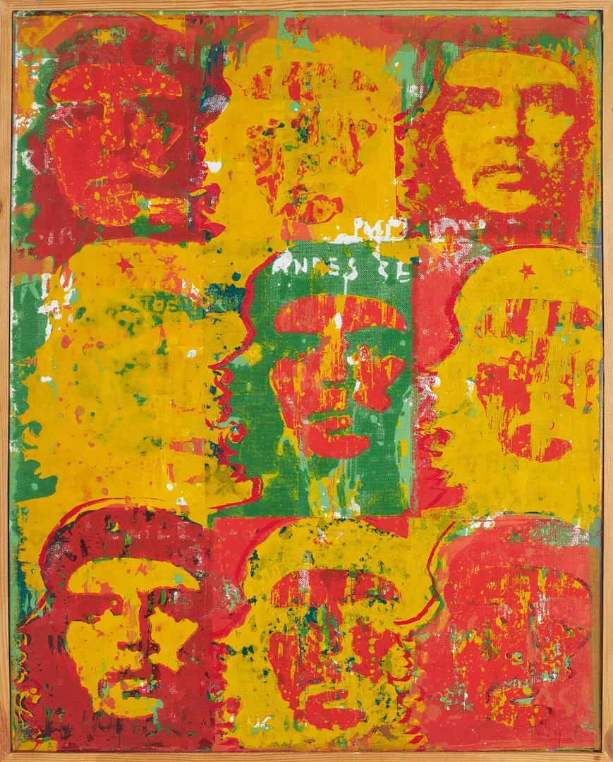 OIDENTIFIERAD KONSTNÄR. "Che I", blandteknik/screentryck på pannå, signerad och daterad -71, etikett á tergo Joaquin Leena Rosell. — Paintings — Stockholms Auktionsverk Sickla