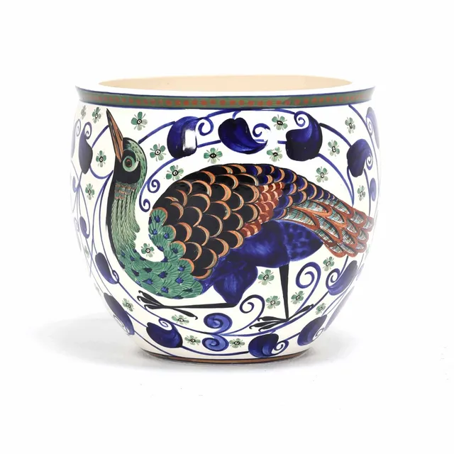 Large Aluminia earthenware pot, decorated with two birds