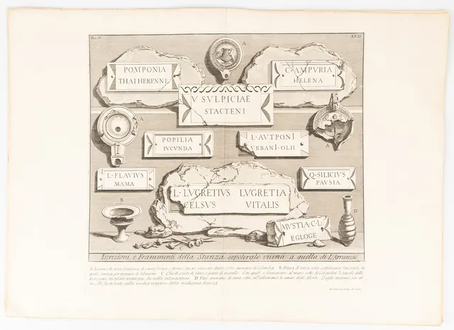 GIOVANNI BATTISTA PIRANESI. Etsningar, 2 st, "Iscrizioni e Frammenti della Stanza sepolcrale vicina a quella di L.Arunzzio", ur verket ”Le Antichità Romane”, 1700-tal.