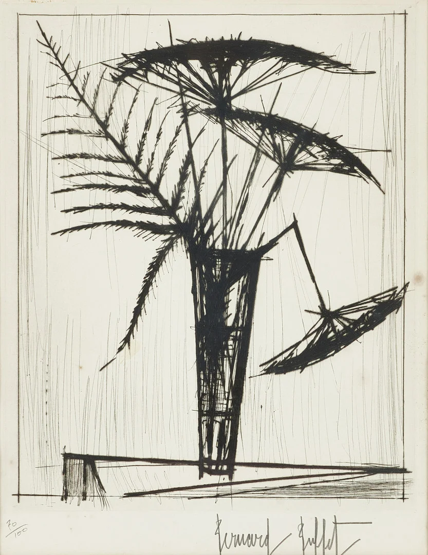 BERNARD BUFFET (FRANKRIKE, 1928-1999). "Ombrelles" (1966), signerad, numrerad 70/100, etsning. — Engravings & Prints — Crafoord Auktioner Stockholm