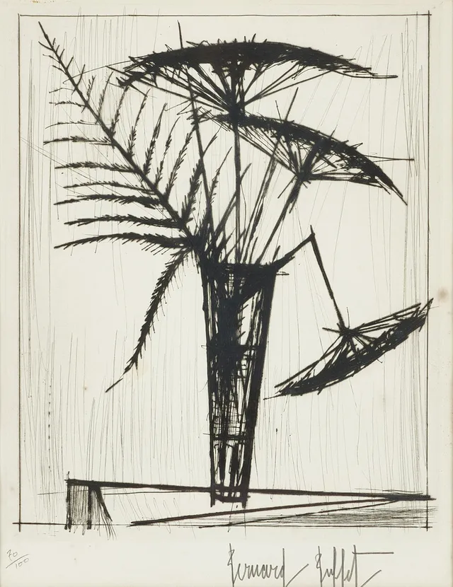 BERNARD BUFFET (FRANKRIKE, 1928-1999). "Ombrelles" (1966), signerad, numrerad 70/100, etsning.