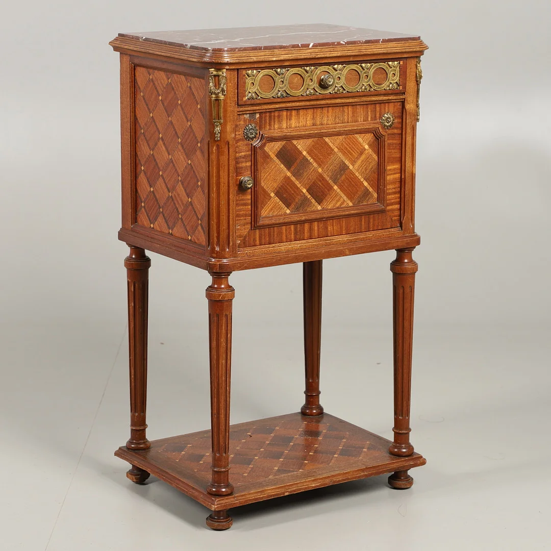 A FRENCH PARQUETRY INLAID BEDSIDE CABINET. — Cupboards, Cabinets & Shelves — Lawrences Auctioneers