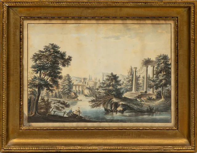 OKÄND KONSTNÄR. Akvarell, Pastoralt landskap med figurer, 1800-tal.