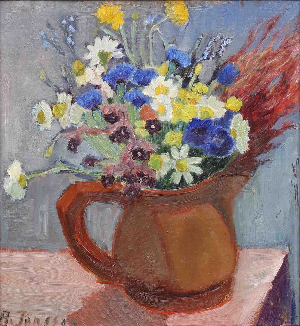 ANDERS JÖNSSON. Stilleben, olja på pannå, signerad A Jönsson. — Paintings — Garpenhus Auktioner