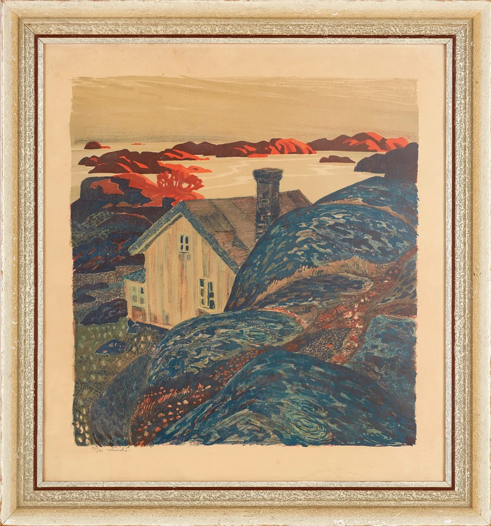 ROLAND SVENSSON (1910-2003): "Höstkväll / Kvällsljus, Stora Nassa", 1948, signerad Roland S, 42/360, färglitografi. — Engravings & Prints — Stockholms Auktionsverk Magasin 5
