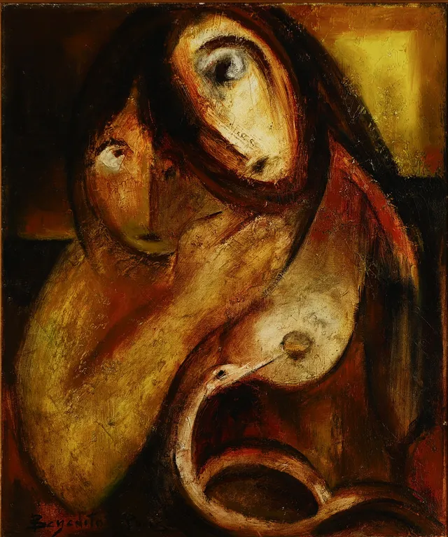 UBEKENDT KUNSTNER. Komposition betitlet 'Maternitte', olie på lærred, signeret og dateret Paris 1992.