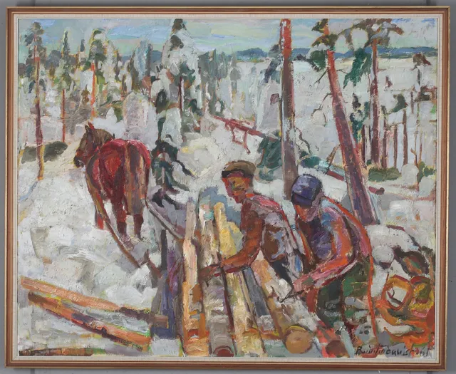 RAGNAR LINDQUIST. Skogsarbete, olja på duk, signerad. daterad 65.