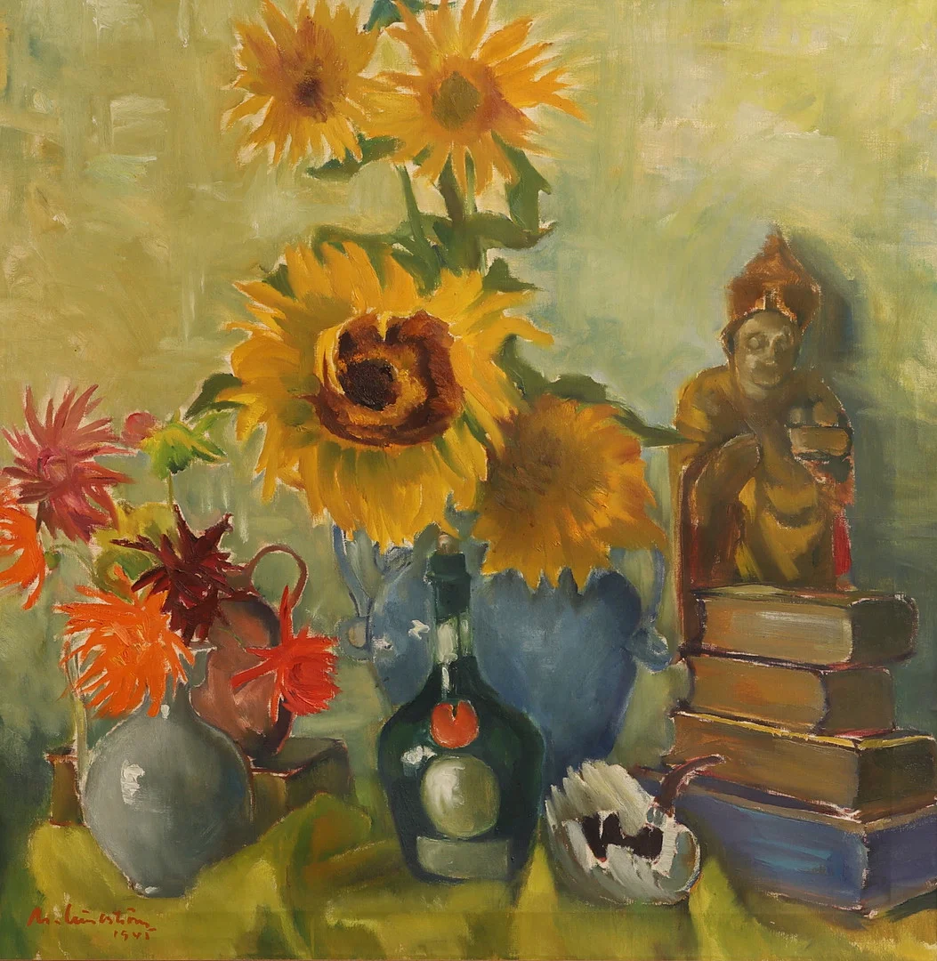 MARTIN LINDSTRÖM. Olja på duk, blomsterstilleben, signerad, daterad 1945. — Paintings — RA Auktionsverket Norrköping