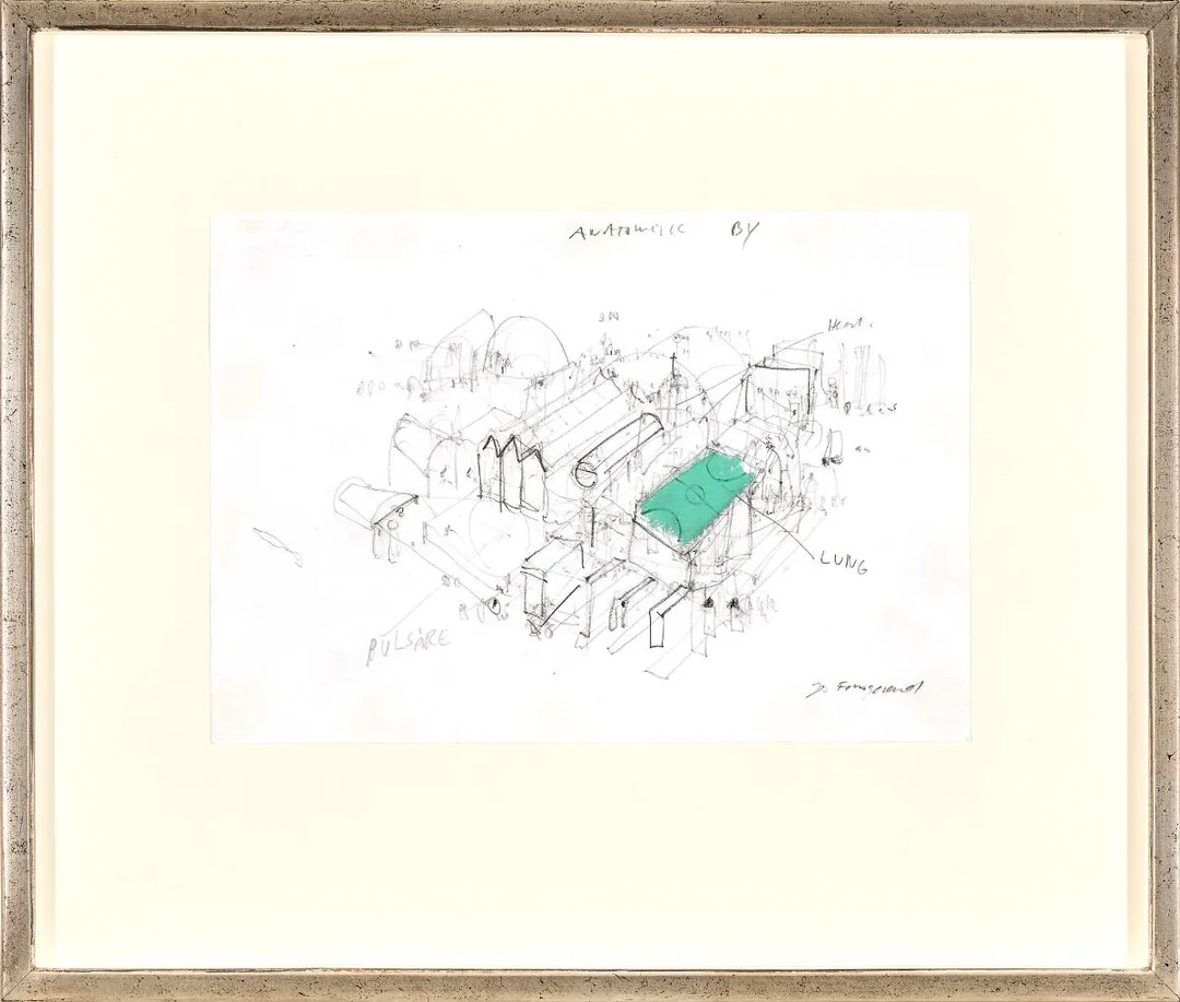 “Anatomisk by” (Anatomic City). Signed Jes Fomsgaard. Pencil and gouache on paper. Sheet size 20×30 cm. — Modern Paintings/Modern art — Bruun Rasmussen