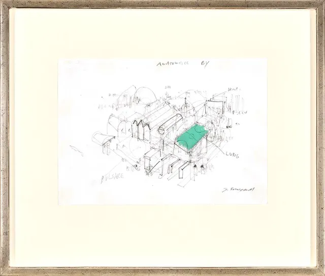 “Anatomisk by” (Anatomic City). Signed Jes Fomsgaard. Pencil and gouache on paper. Sheet size 20×30 cm.