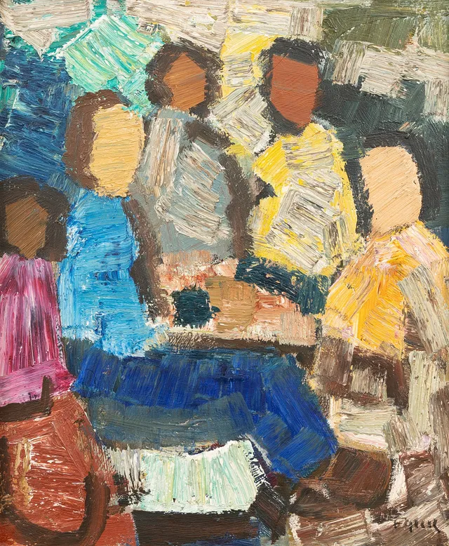 GÖSTA FALCK (1920-2006). Konversation, olja på duk, signerad.