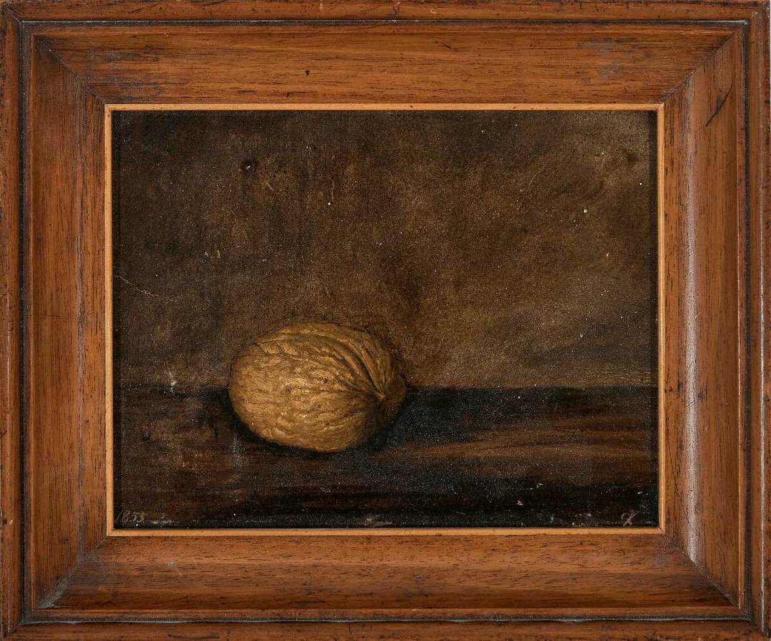 Still life with walnut. Signed CK 1855. Oil on plate. 14×18 cm. — Paintings — Bruun Rasmussen