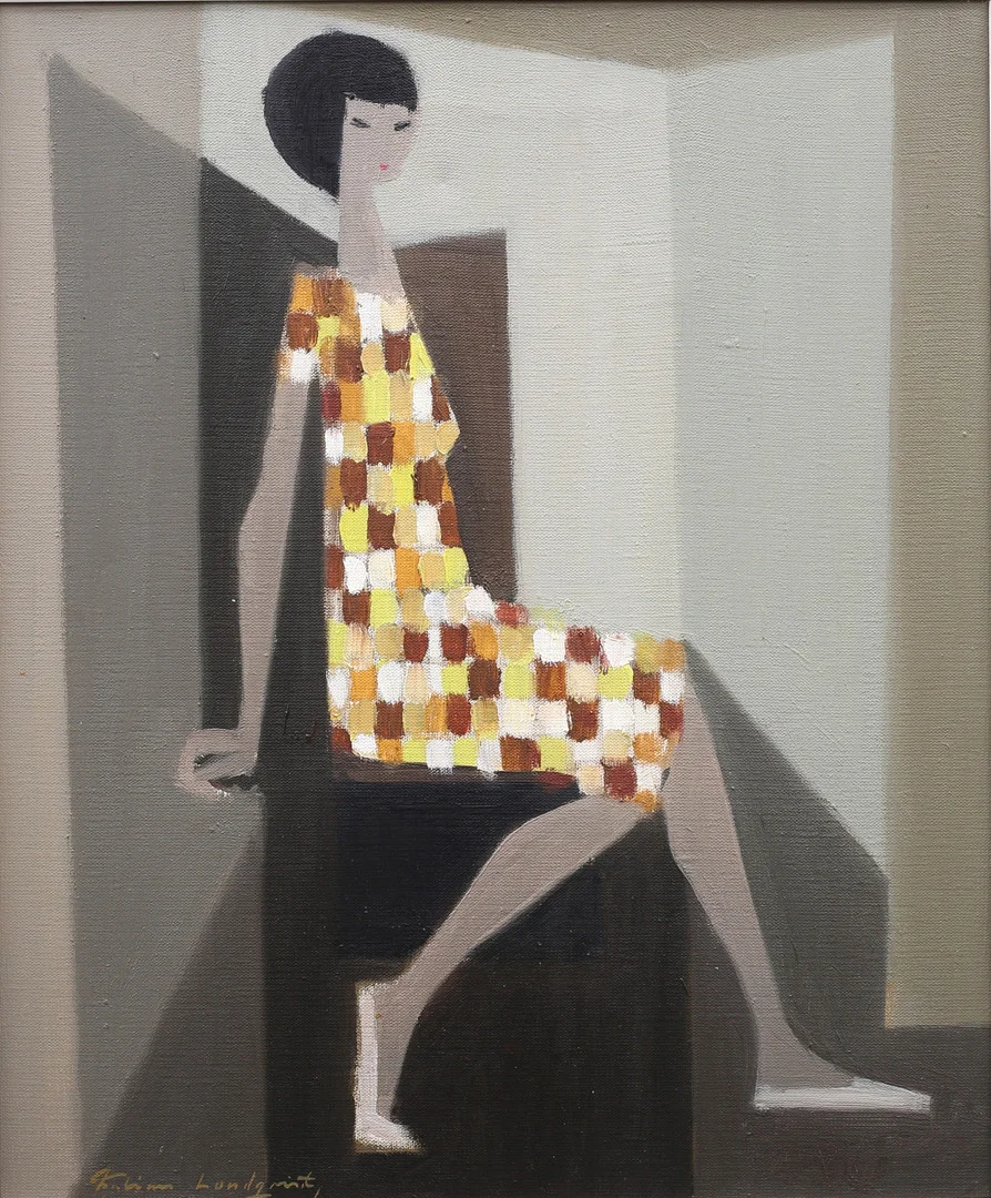 FABIAN LUNDQVIST. "I rutig klänning", olja på duk, signerad. — Paintings — Garpenhus Auktioner