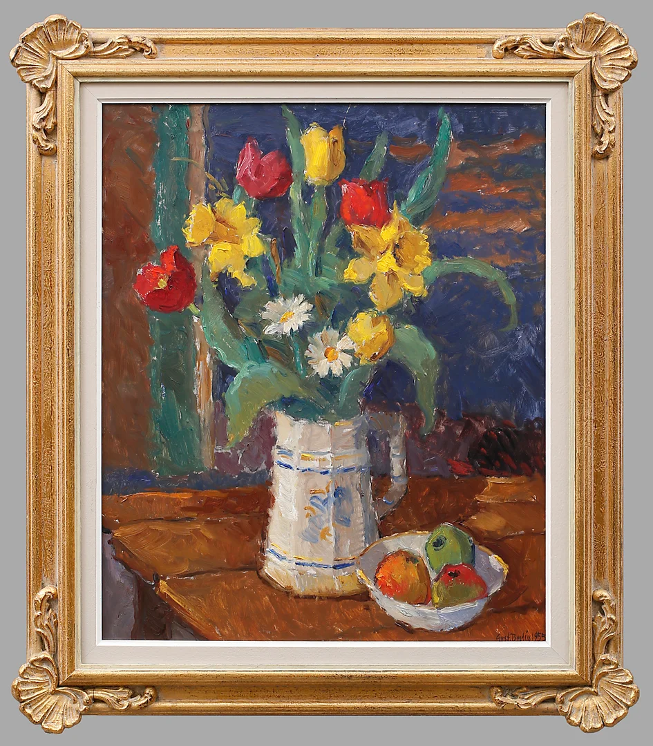 GUSTAV BERLIN. Olja på duk, stilleben med blommor, signerad Gust. Berlin, daterad 1955. — Paintings — Garpenhus Auktioner
