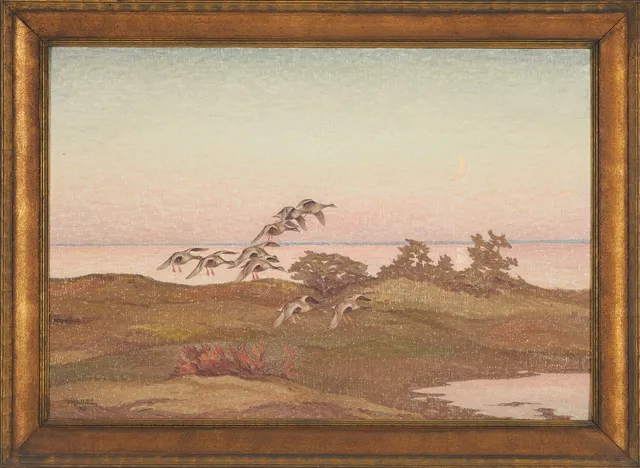 ROLF MELLSTRÖM. Sträckande gäss i skymmning, olja på duk, signerad och daterad 192651x73.