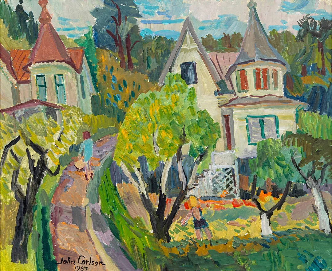JOHN CARLSON. Karlavägen Duvbo, olja på pannå, signerad och daterad 1967. — Paintings — Auktionshuset Kolonn