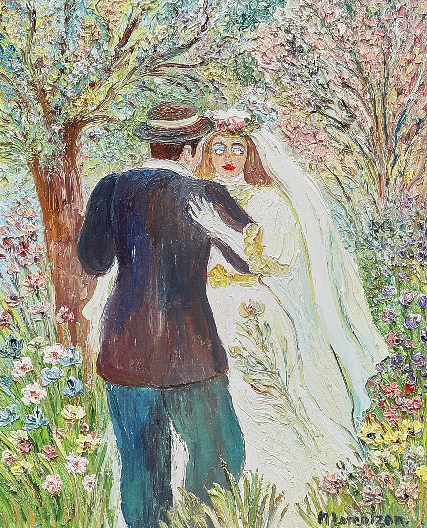 MONICA LORENTZON. Oljemålning, signerad, Bröllopspar. — Paintings — Metropol Auktioner