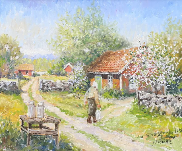 LENNART MÖLLER. Gumma med mjölkkruka, olja på duk, signerad.