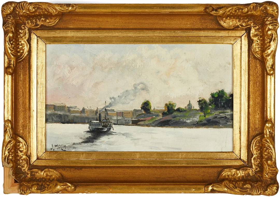JOHN MALM (1900-1968). Ångbåt, Stockholm, signerad, olja på pannå. — Miscellaneous — Crafoord Auktioner Stockholm