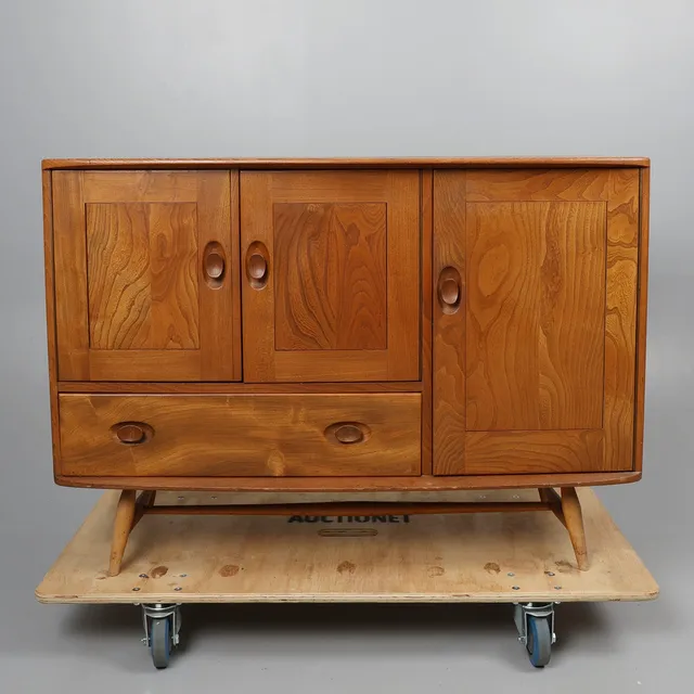 ERCOL WINDSOR ELM AND BEECH SIDEBOARD, MODEL 366.