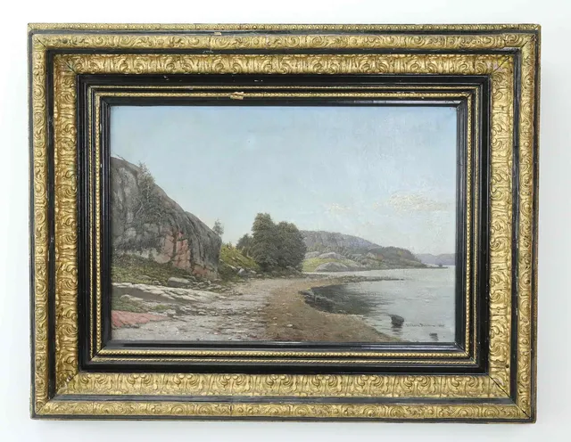 WILHELM DAHLBOM (1855-1928). olja på duk, klippor, strandvy, signerad, daterad 1885.