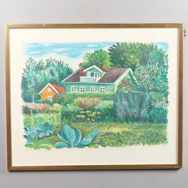 EVY LÅÅS, FÄRGLITOGRAFI, "hus i grönska", signerad och numrerad 174/250.