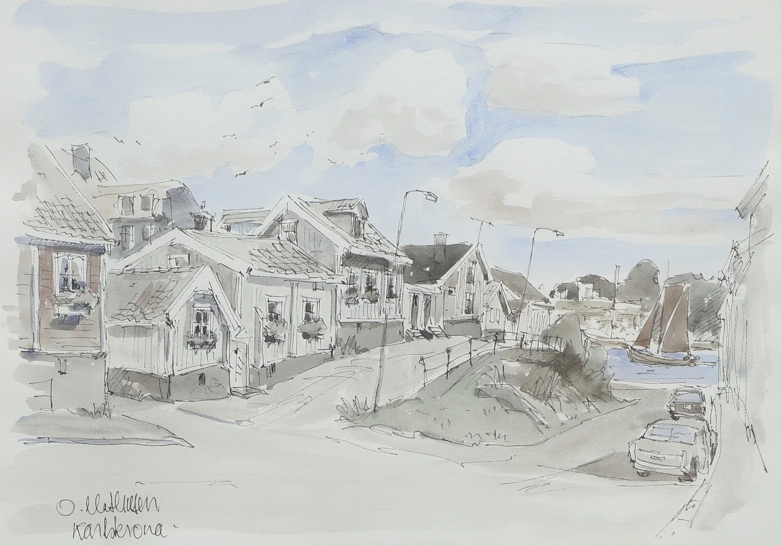 OVE MATHIESEN. Akvarell, Björkholmen, Karlskrona, signerad. — Paintings — Ekenbergs Auktioner
